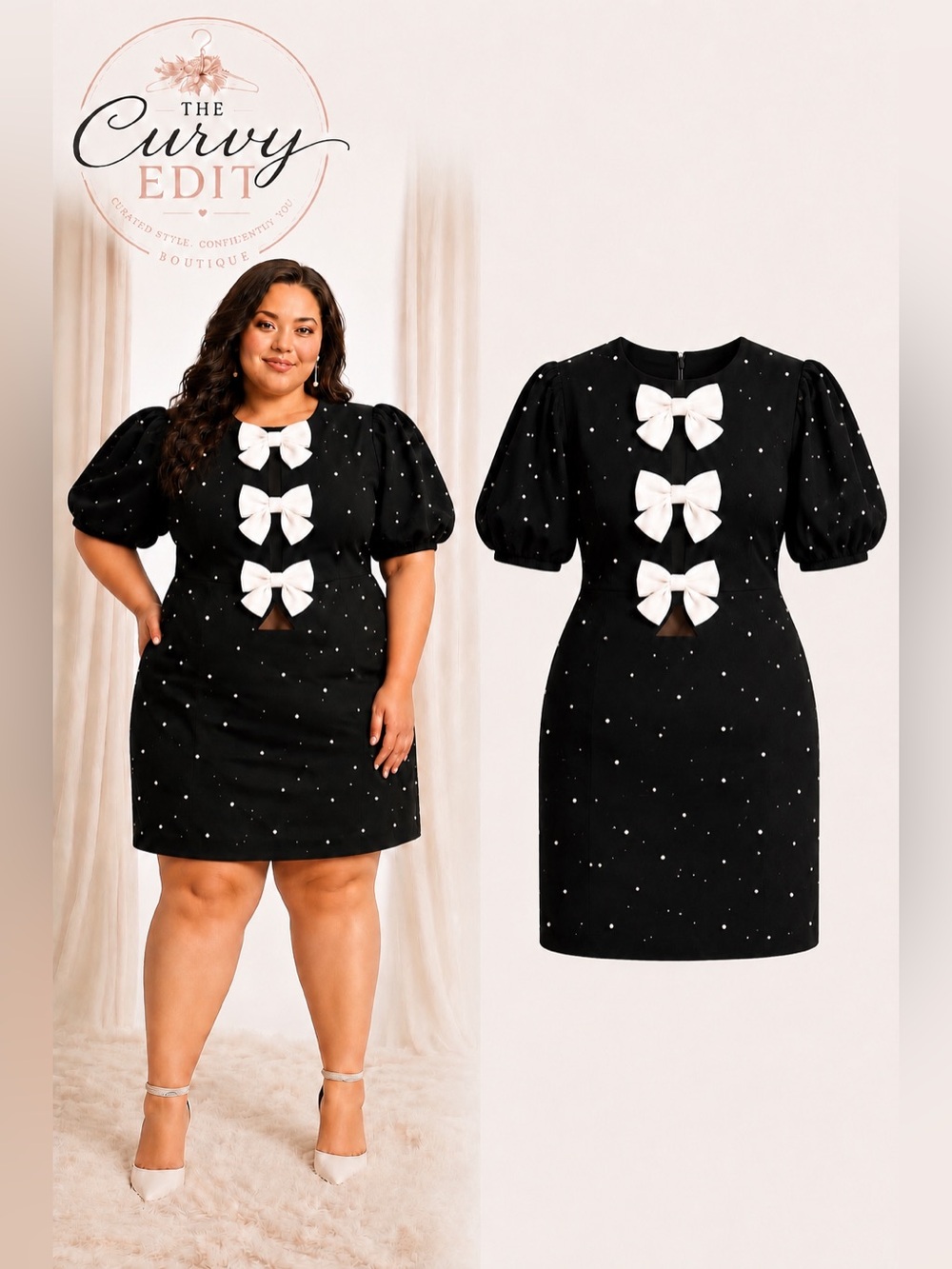 ELOQUII Dress with Bows Black Onyx Size 20 Pearl Embellished Coquette Holiday